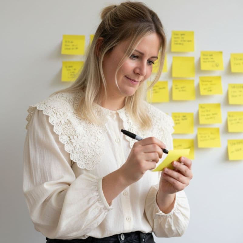 Carole Polus en train de structurer ses idées sur des post-it